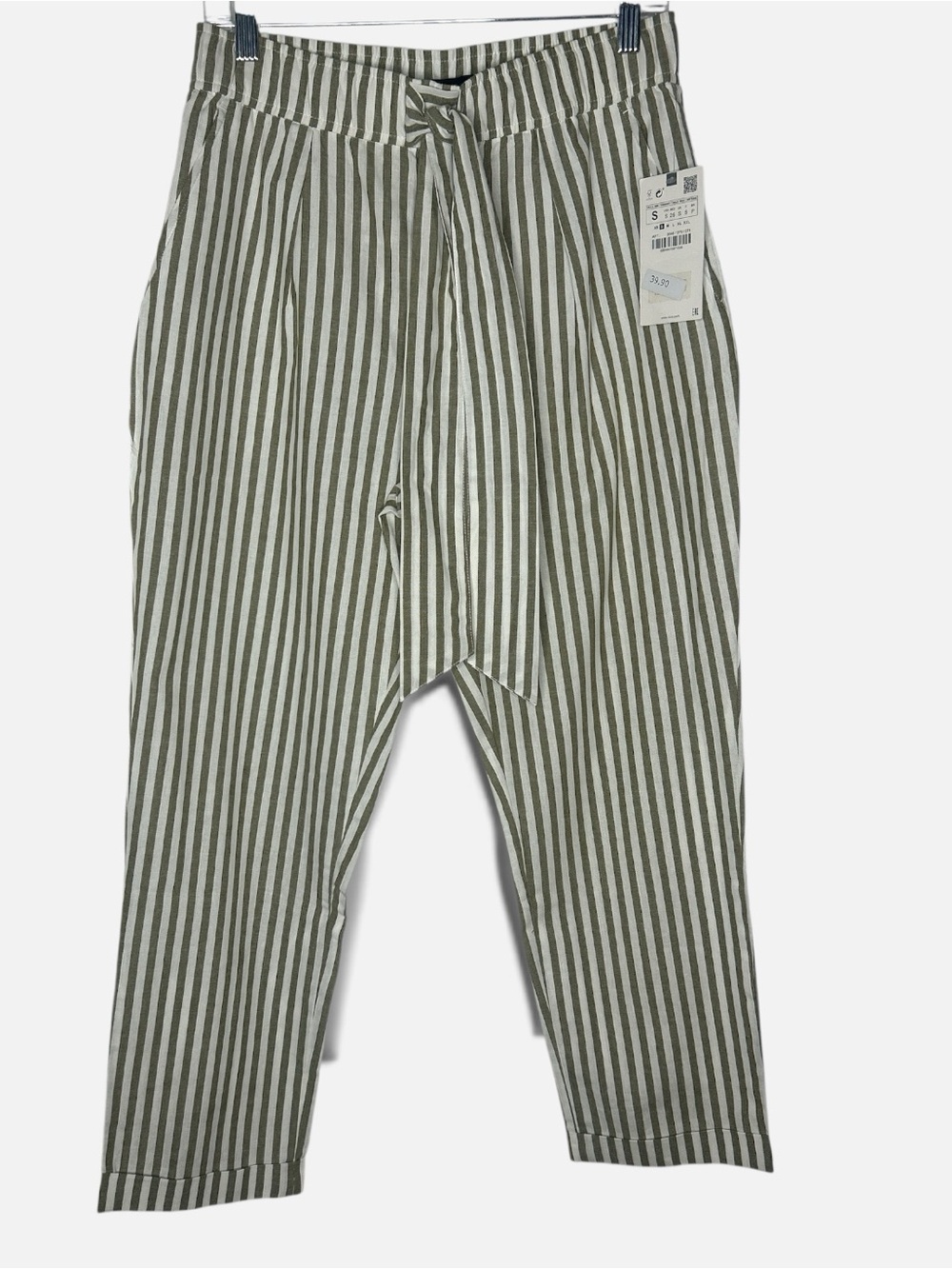 Zara Olive and White Vertical-Stripe Chinos